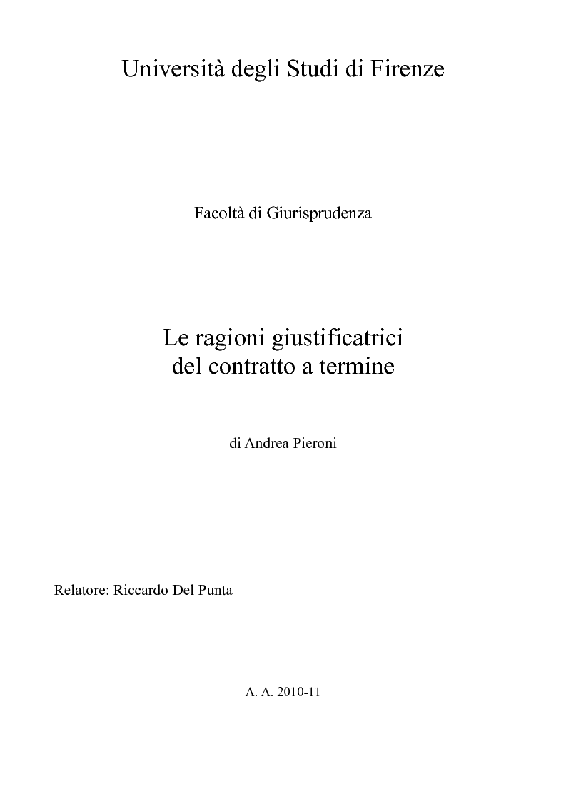 Anteprima della tesi: Le ragioni giustificatrici del contratto a termine, Pagina 1