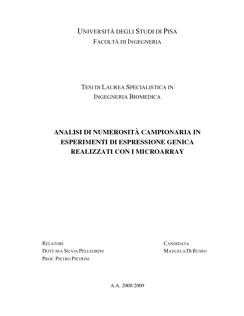 Anteprima della tesi: Analisi di numerosità campionaria in esperimenti di espressione genica realizzati con i microarray, Pagina 1