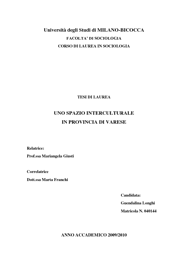 Anteprima della tesi: Uno spazio interculturale in provincia di Varese, Pagina 1