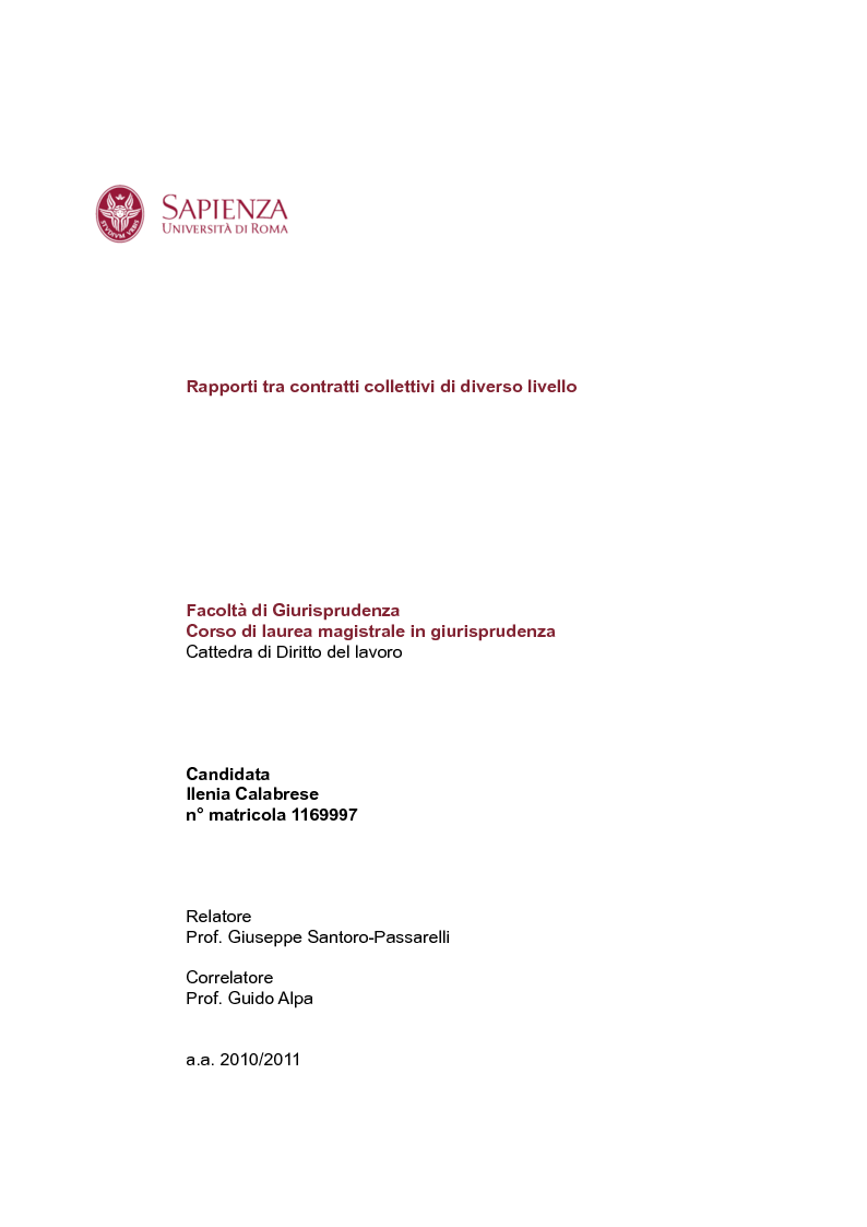 Anteprima della tesi: Rapporti tra contratti collettivi di diverso livello, Pagina 1
