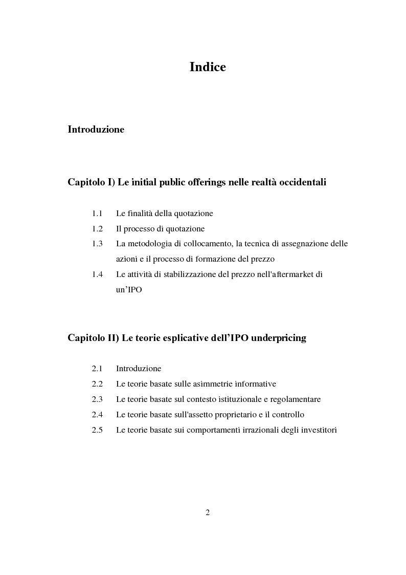 Indice della tesi: Un'analisi delle initial public offerings in Cina, Pagina 1