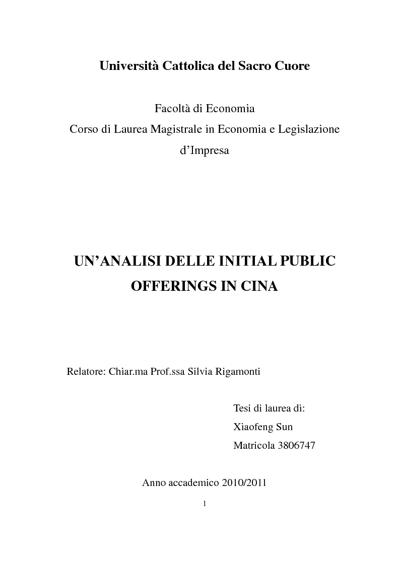 Anteprima della tesi: Un'analisi delle initial public offerings in Cina, Pagina 1