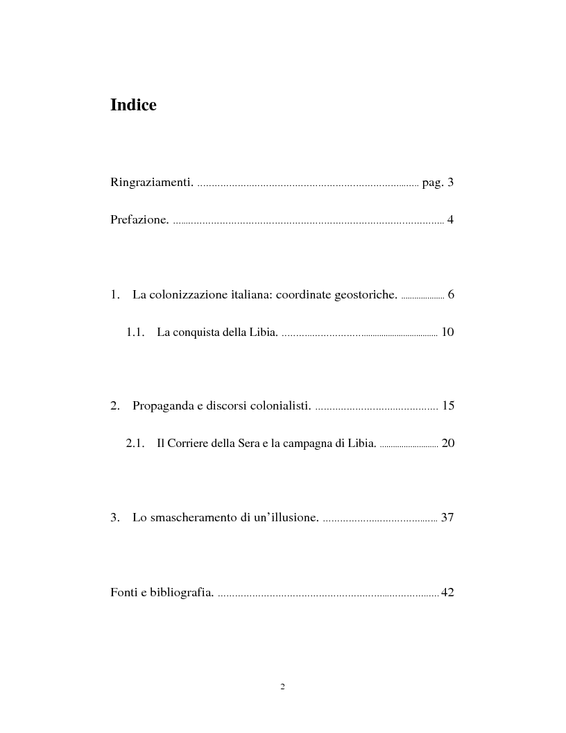 Indice della tesi: «Il diritto di chi sa meglio civilizzare». Riflessi della colonizzazione italiana in Libia sulle pagine de “Il Corriere della Sera”., Pagina 1