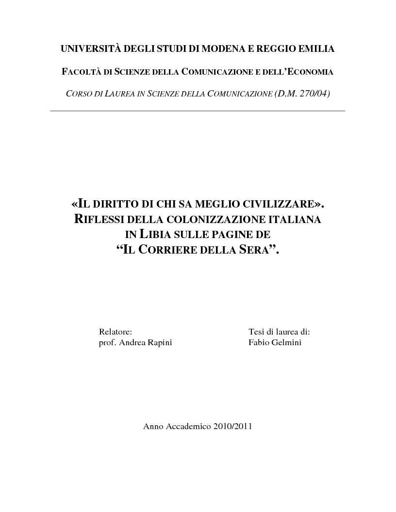 Anteprima della tesi: «Il diritto di chi sa meglio civilizzare». Riflessi della colonizzazione italiana in Libia sulle pagine de “Il Corriere della Sera”., Pagina 1