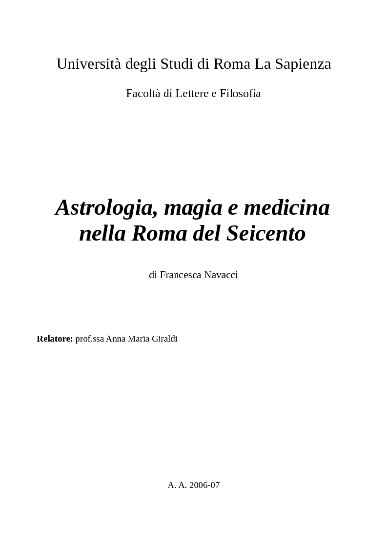 Anteprima della tesi: Astrologia, magia e medicina nella Roma del seicento., Pagina 1