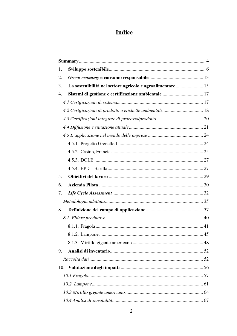 Indice della tesi: Valutazione delle performance ambientali di sistemi ortofrutticoli, Pagina 1