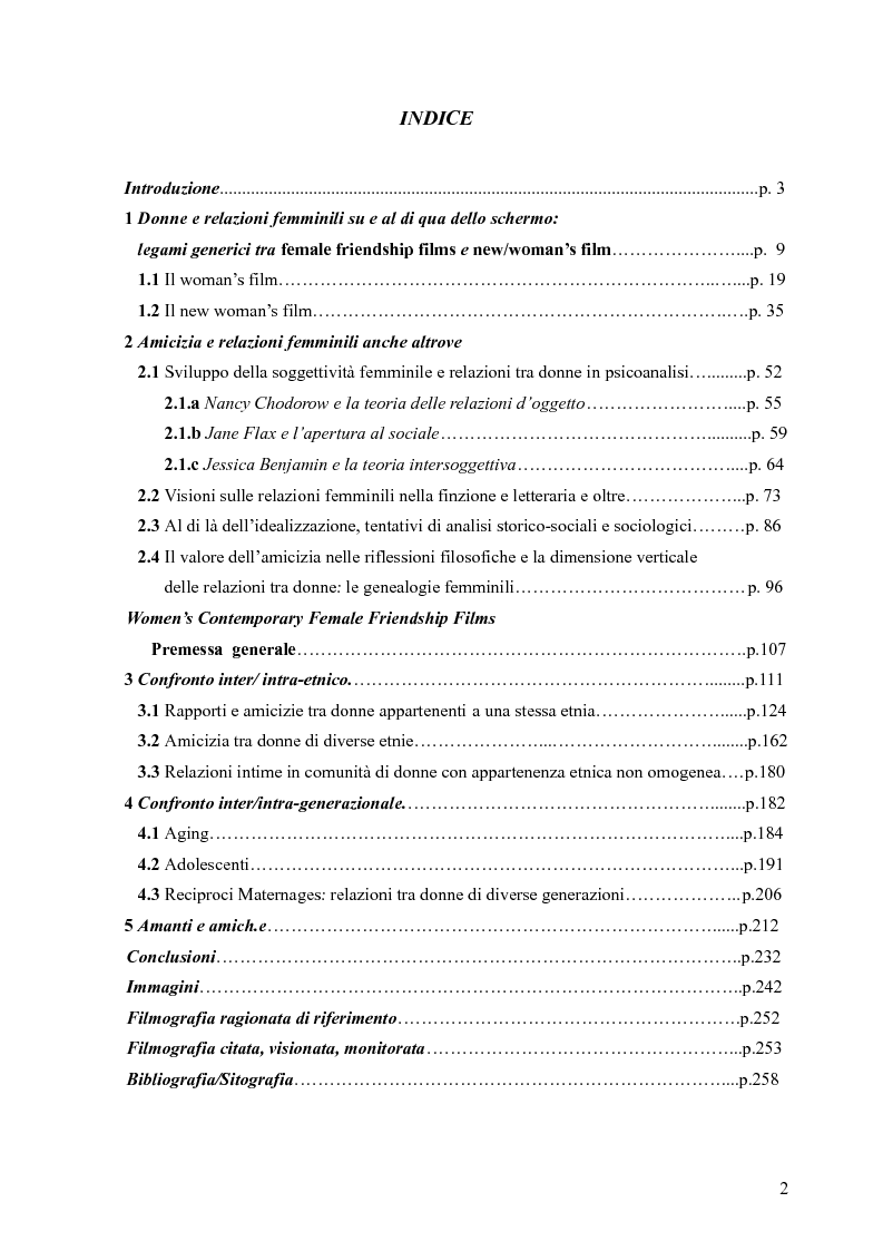 Indice della tesi: L'amicizia femminile nel cinema di donne narrativo e contemporaneo, Pagina 1
