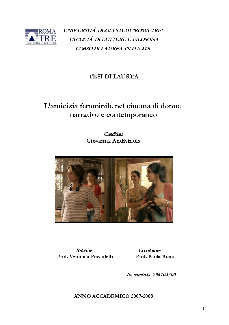 Anteprima della tesi: L'amicizia femminile nel cinema di donne narrativo e contemporaneo, Pagina 1