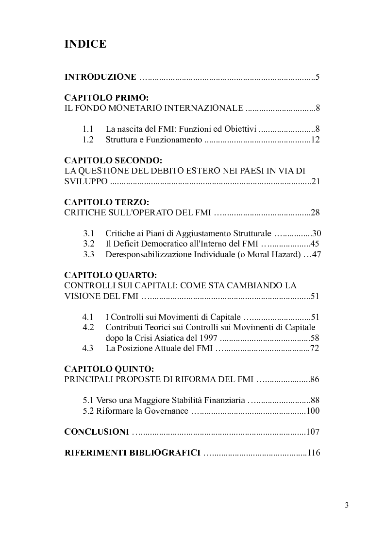 Indice della tesi: Funzionamento, Critiche e Proposte di Riforma del Fondo Monetario Internazionale, Pagina 1
