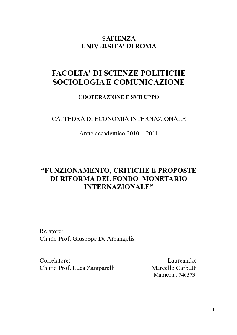 Anteprima della tesi: Funzionamento, Critiche e Proposte di Riforma del Fondo Monetario Internazionale, Pagina 1