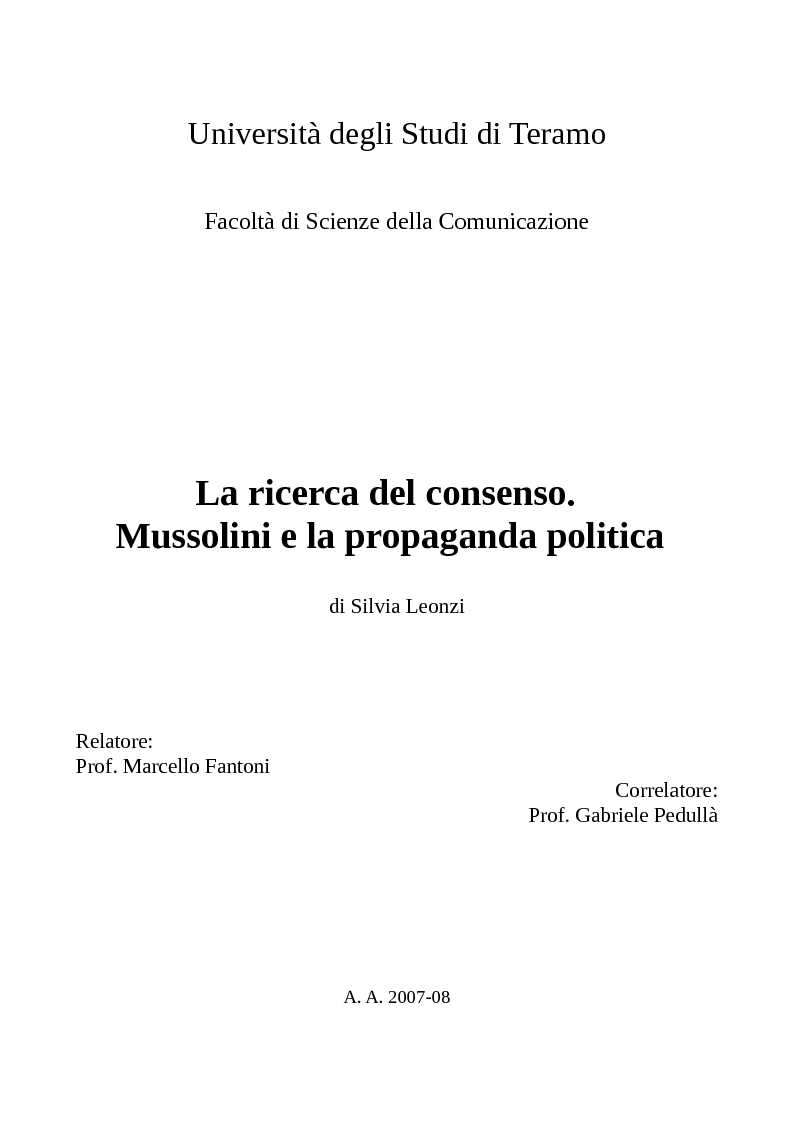 Anteprima della tesi: La ricerca del consenso. Mussolini e la propaganda politica, Pagina 1