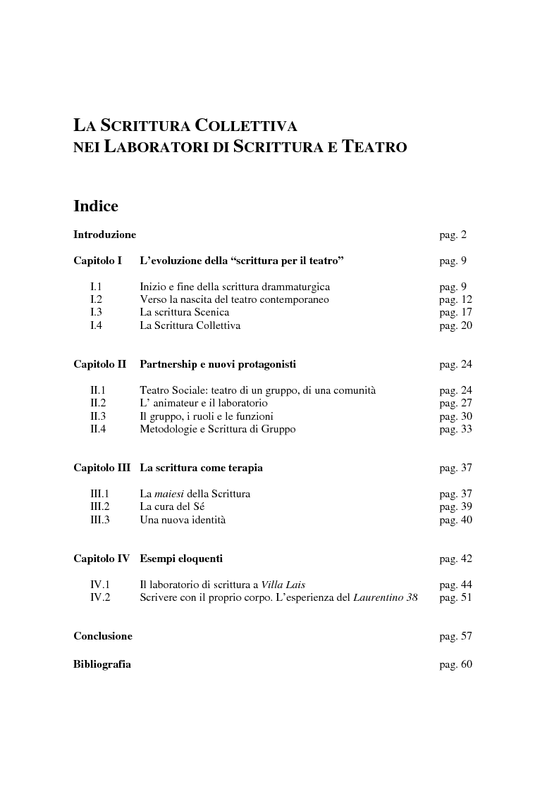Indice della tesi: La Scrittura Collettiva nei Laboratori di Scrittura e Teatro, Pagina 1