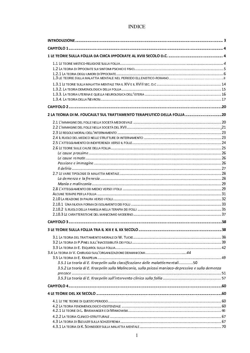 Indice della tesi: Alcune considerazioni storiche sugli approcci al problema della psicopatologia., Pagina 1
