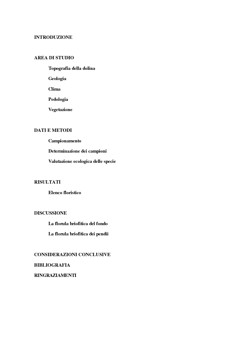 Indice della tesi: Flora briofitica della dolina Risnik (Divaca, Primorje - SLO), Pagina 1