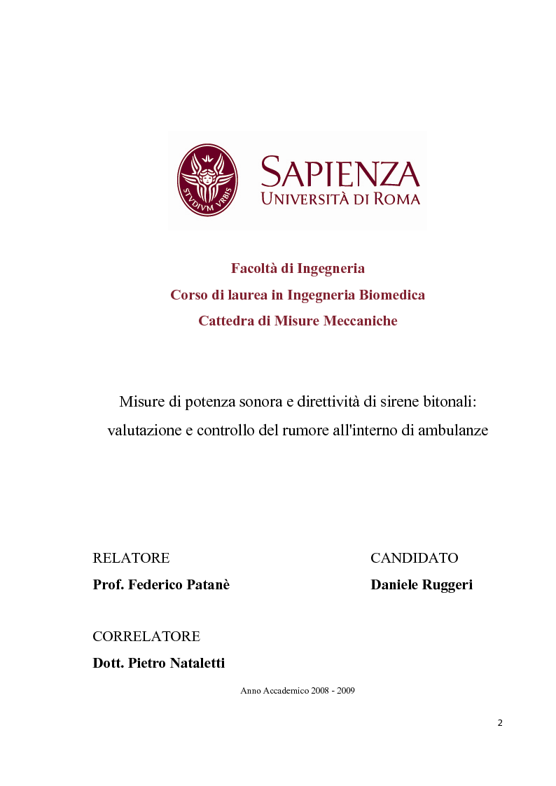 Anteprima della tesi: Misure di potenza sonora e direttività di sirene bitonali: valutazione e controllo del rumore all'interno di ambulanze, Pagina 1