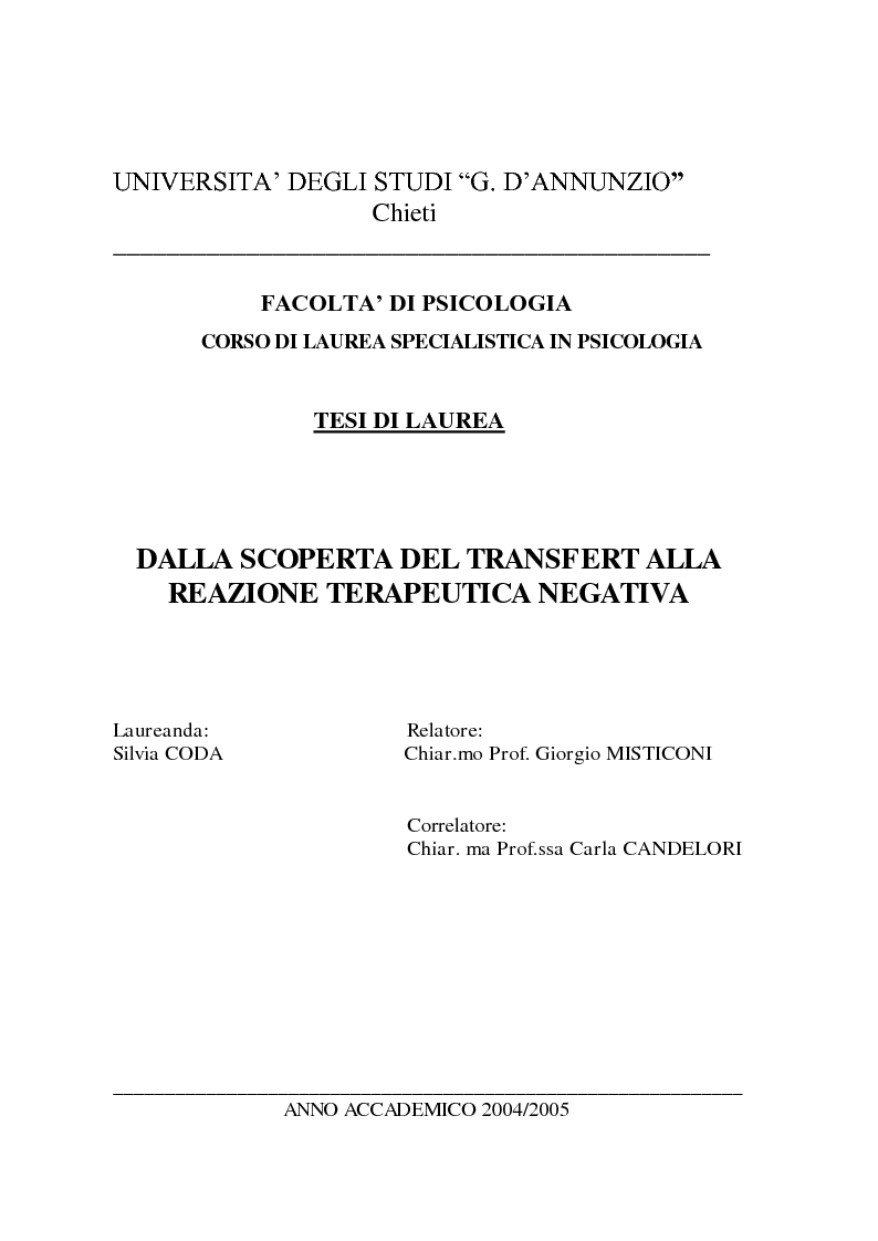 Anteprima della tesi: Dalla scoperta del Transfert alla relazione terapeutica negativa, Pagina 1