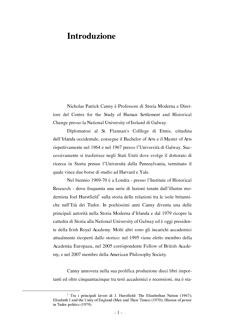 Anteprima della tesi: Nicholas Canny: il problema della colonizzazione dell’Irlanda tra XVI e XVII secolo. Making Ireland British 1580-1650 tra locale e globale, tra New British History e Atlantic History, Pagina 4