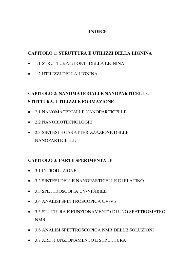 Indice della tesi: Sintesi e caratterizzazione delle nanoparticelle di platino, Pagina 1