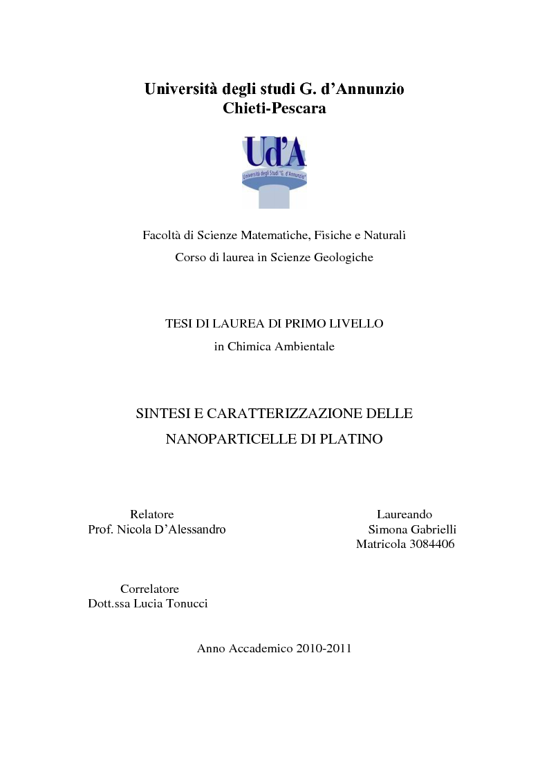 Anteprima della tesi: Sintesi e caratterizzazione delle nanoparticelle di platino, Pagina 1