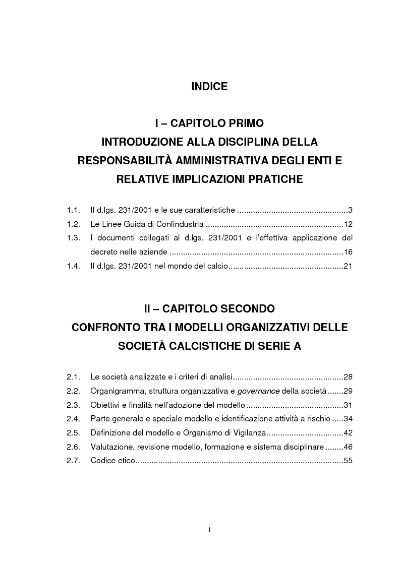 Indice della tesi: I modelli organizzativi applicati al mondo del calcio: imposizione o opportunità?, Pagina 1