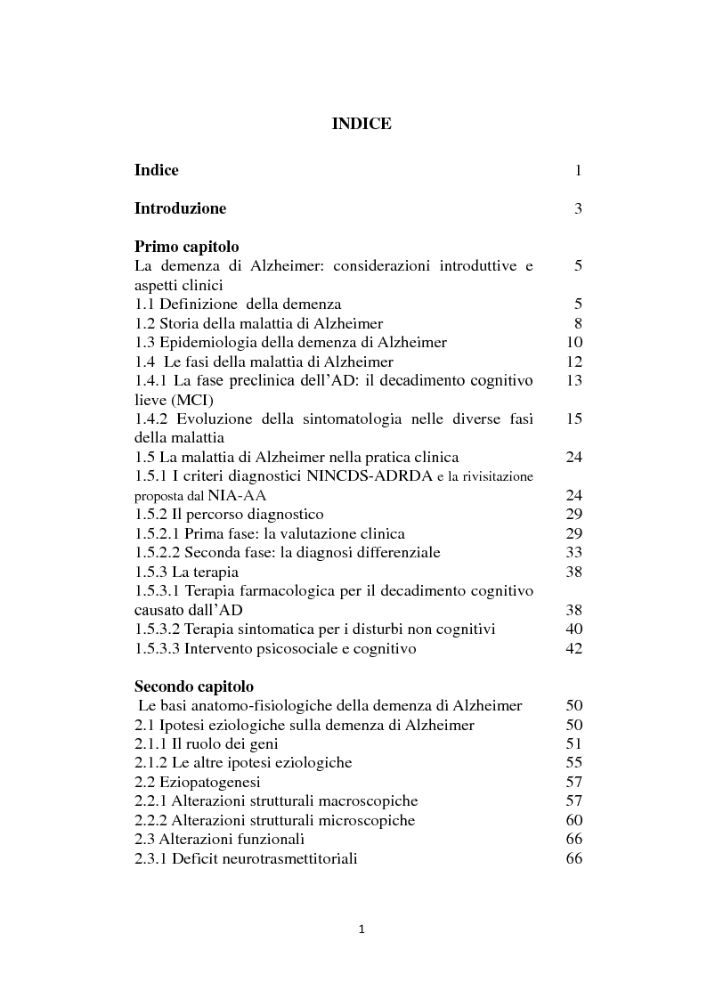 Indice della tesi: La stimolazione magnetica transcranica applicata allo studio e alla riabilitazione della malattia di Alzheimer, Pagina 1