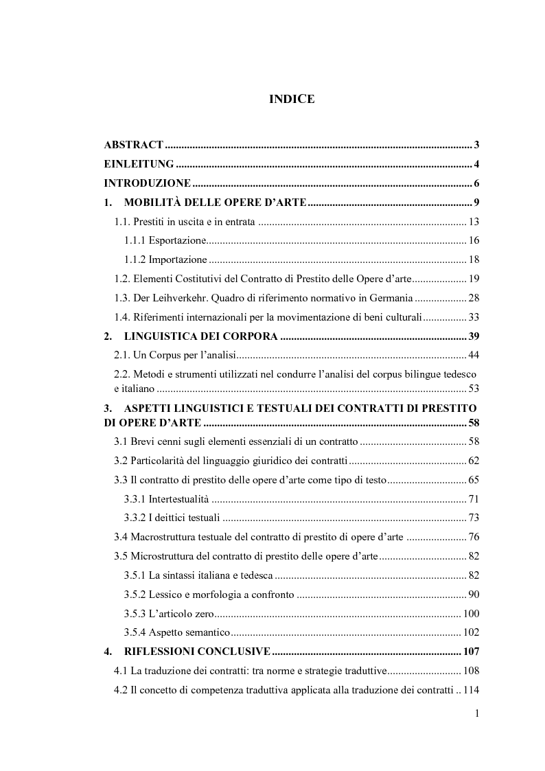 Indice della tesi: Analisi Linguistica Comparativa di un Corpus bilingue: i Contratti di Prestito delle Opere d'Arte Italiani e Tedeschi a confronto, Pagina 1