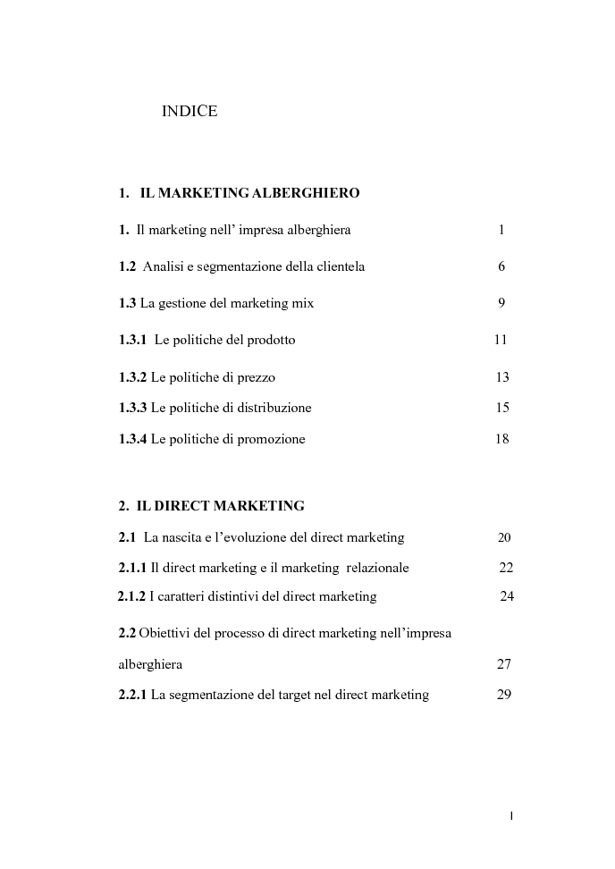 Indice della tesi: Il ruolo del direct marketing nell'impresa alberghiera: il caso Royal Group, Pagina 1