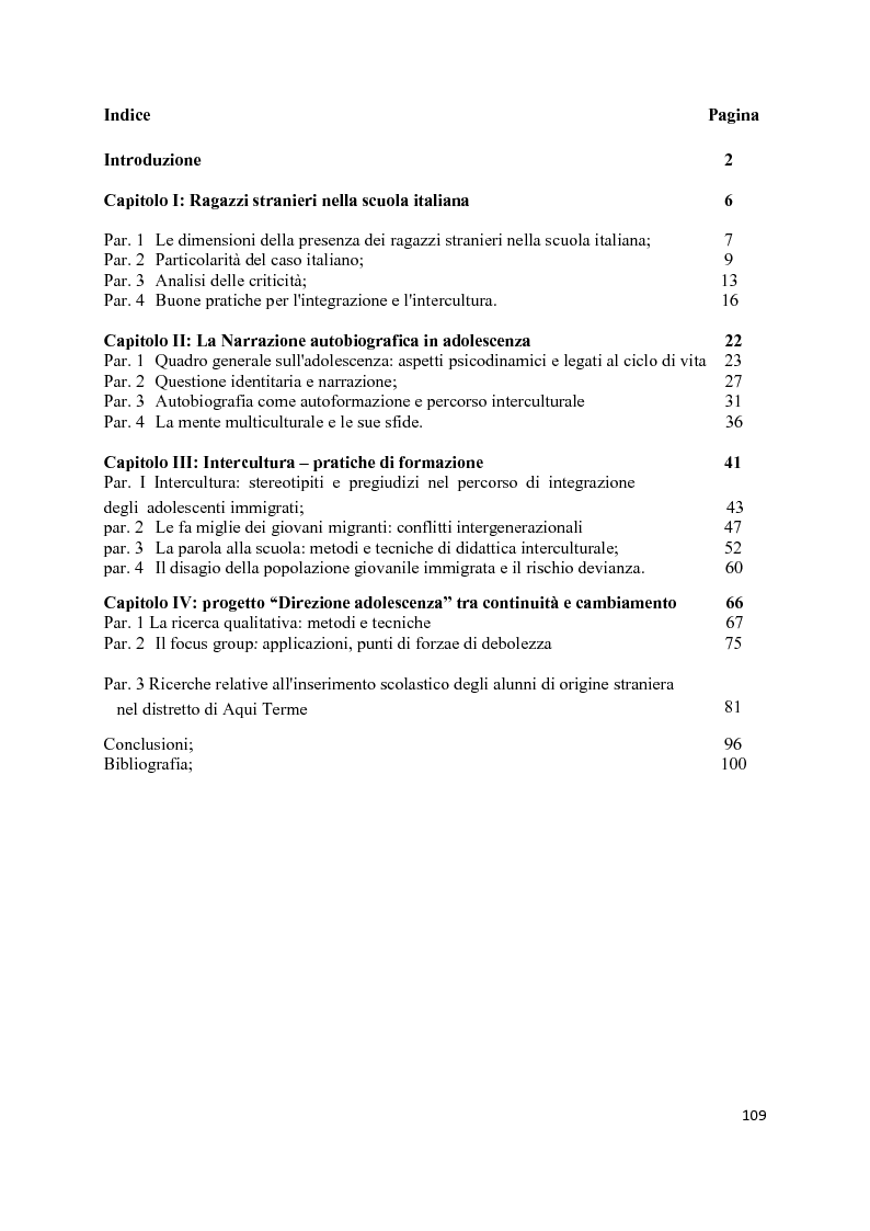 Indice della tesi: Il racconto di sé degli adolescenti in ambito didattico e in prospettiva interculturale: metodi qualitativi di ricerca, Pagina 1