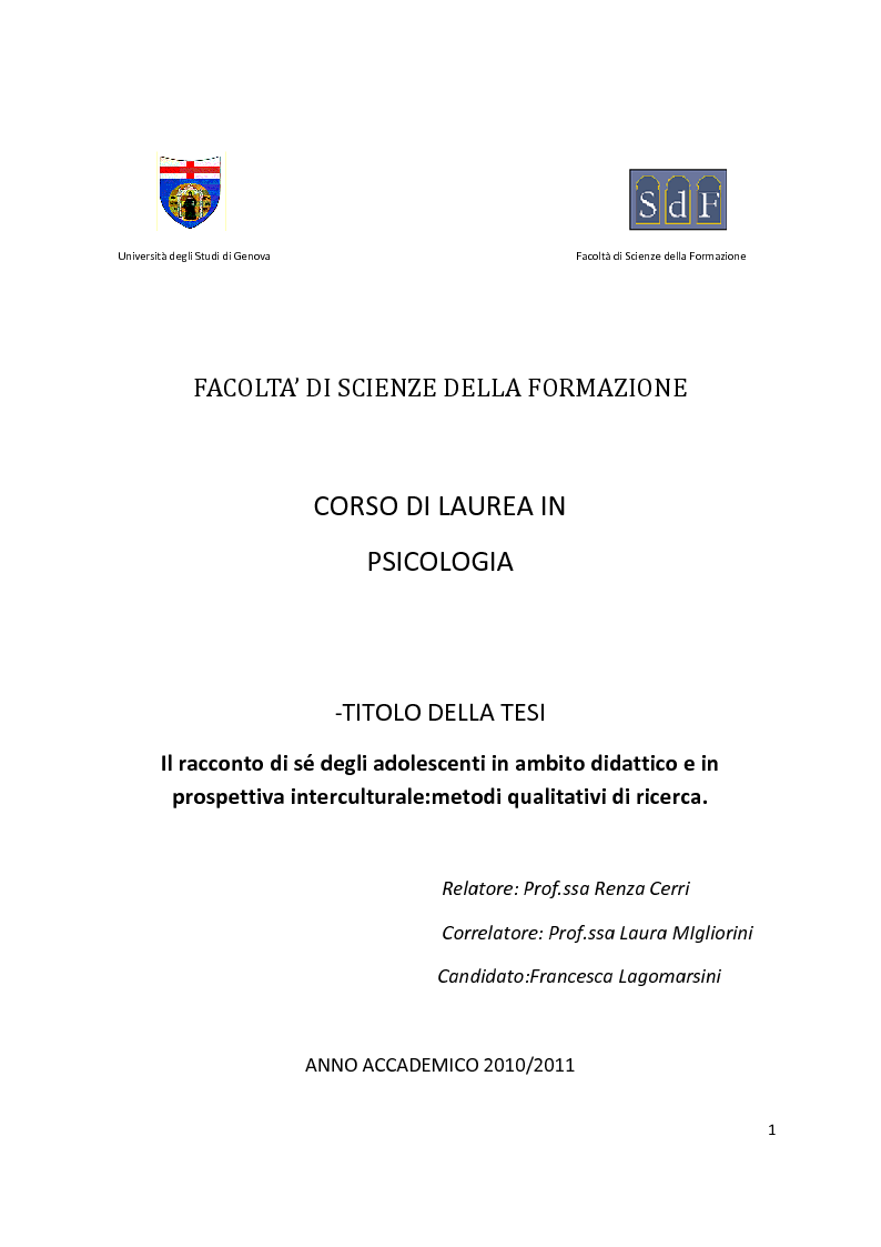 Anteprima della tesi: Il racconto di sé degli adolescenti in ambito didattico e in prospettiva interculturale: metodi qualitativi di ricerca, Pagina 1