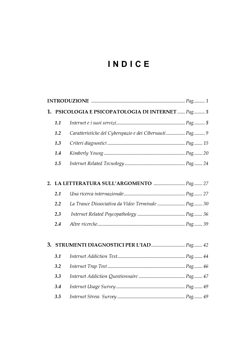 Indice della tesi: Nuove dipendenze e strumenti diagnostici dedicati, Pagina 1