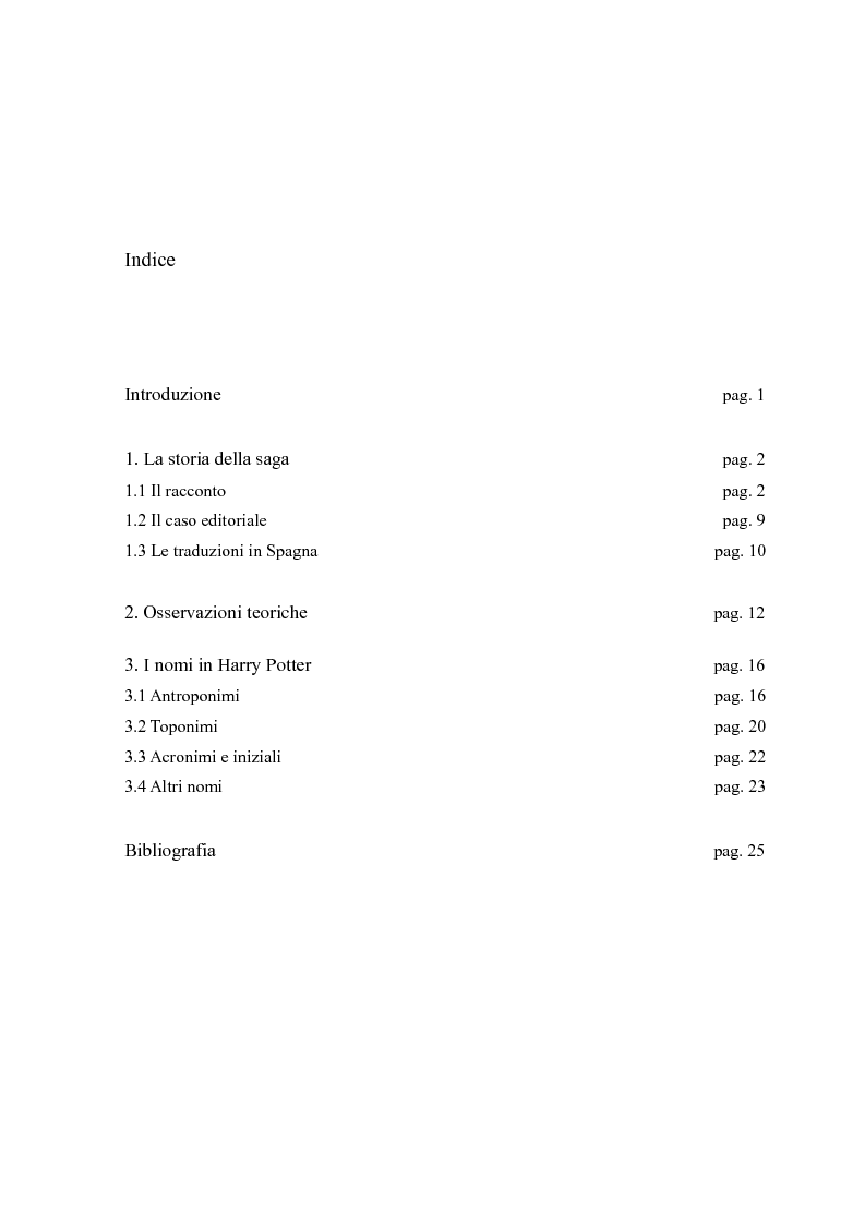 Indice della tesi: Considerazioni sulla traduzione spagnola della saga di Harry Potter, Pagina 1