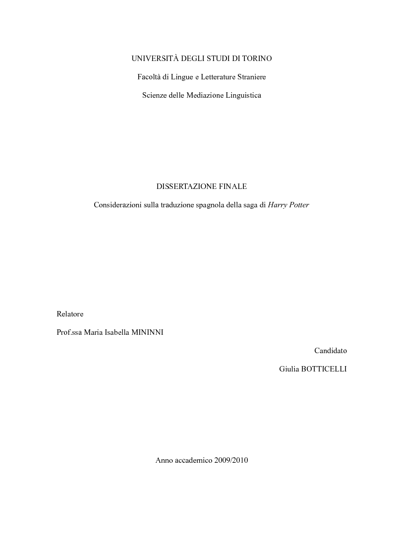 Anteprima della tesi: Considerazioni sulla traduzione spagnola della saga di Harry Potter, Pagina 1