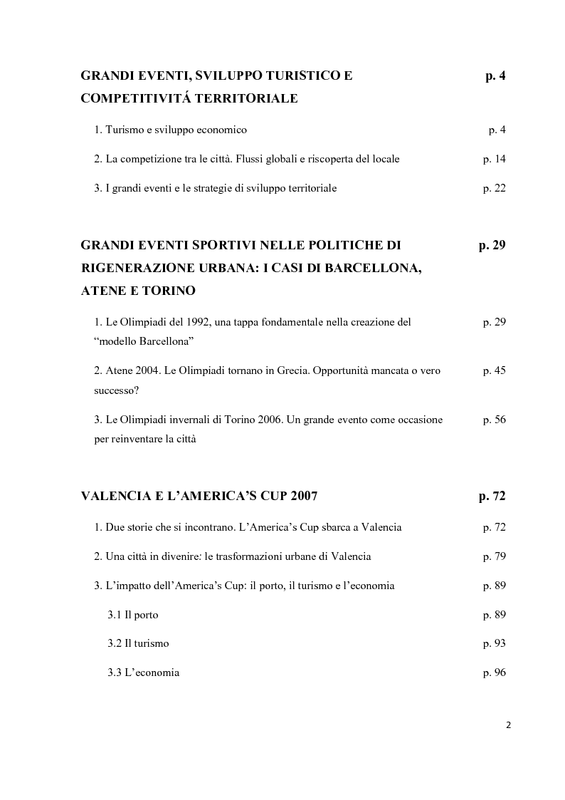 Indice della tesi: I Grandi Eventi nelle strategie di sviluppo territoriale. Valencia e l'America's Cup 2007, Pagina 1