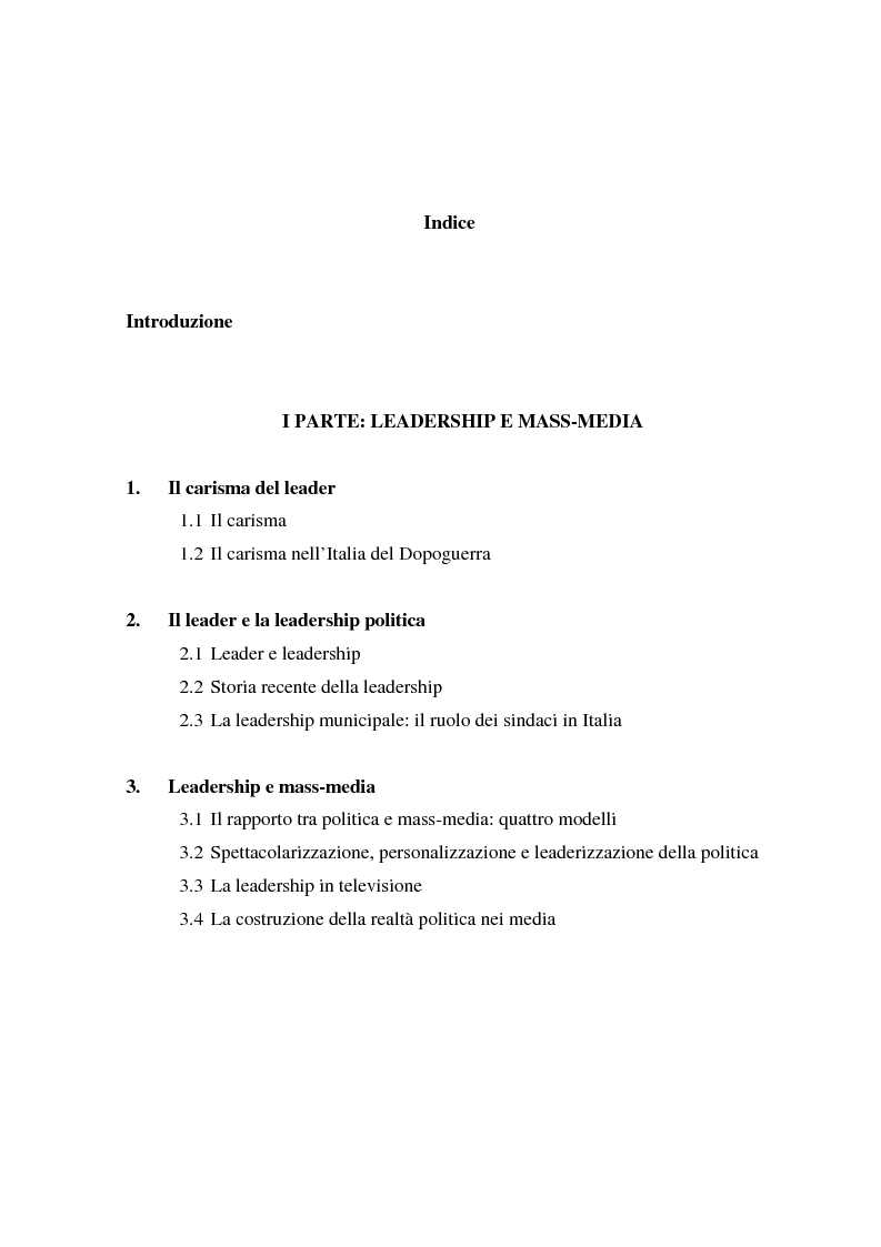 Indice della tesi: La costruzione mediale della leadership politica. Il caso di Francesco Rutelli da sindaco di Roma a candidato premier dell'Ulivo, Pagina 1