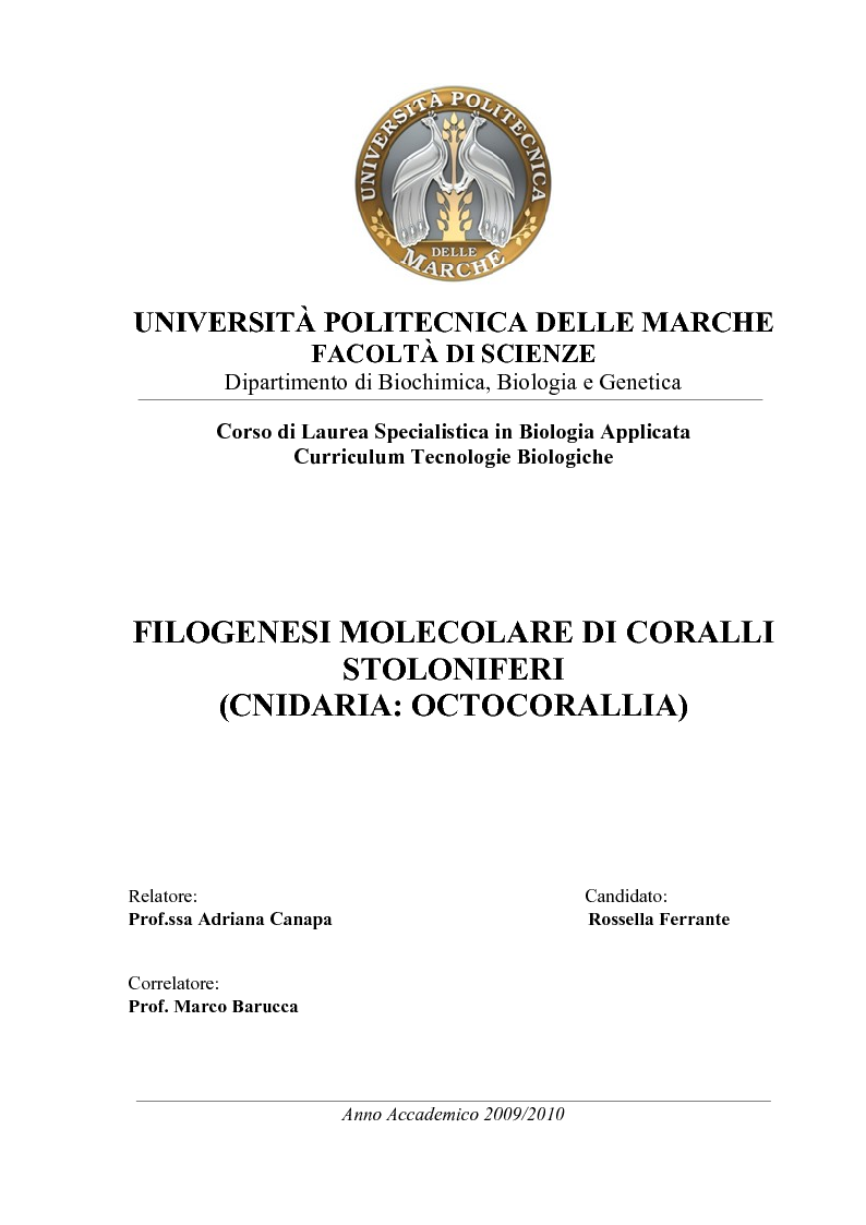 Anteprima della tesi: Filogenesi molecolare di coralli stoloniferi (Cnidaria:Octocorallia), Pagina 1