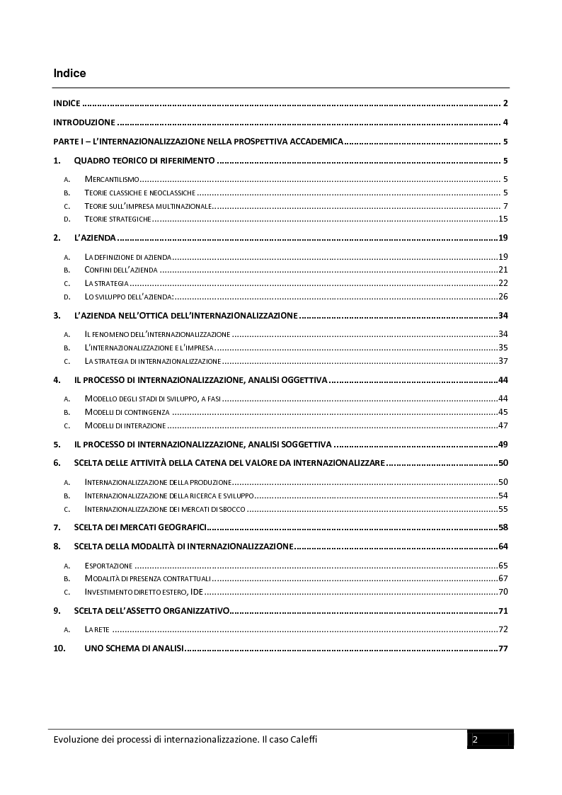 Indice della tesi: Evoluzione dei processi di internazionalizzazione. Il caso Caleffi, Pagina 1