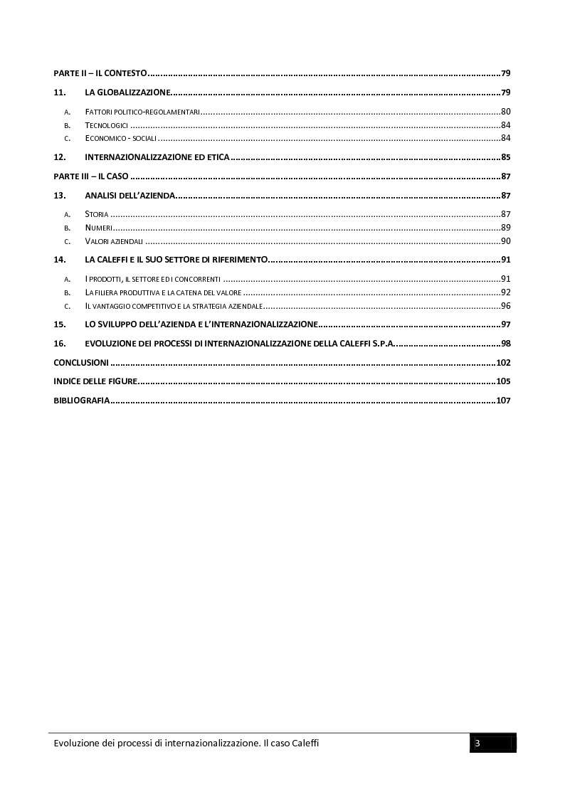 Indice della tesi: Evoluzione dei processi di internazionalizzazione. Il caso Caleffi, Pagina 2