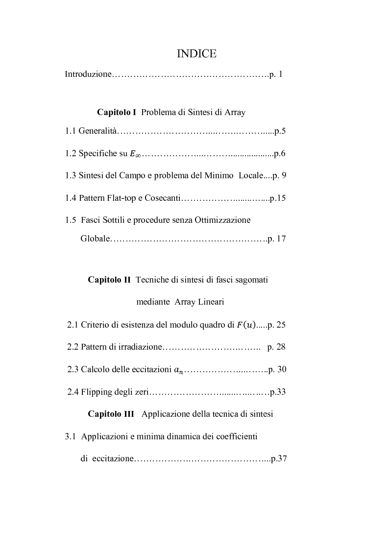 Indice della tesi: Sintesi ottima di diagrammi di radiazione sagomati mediante Array di Antenne, Pagina 1