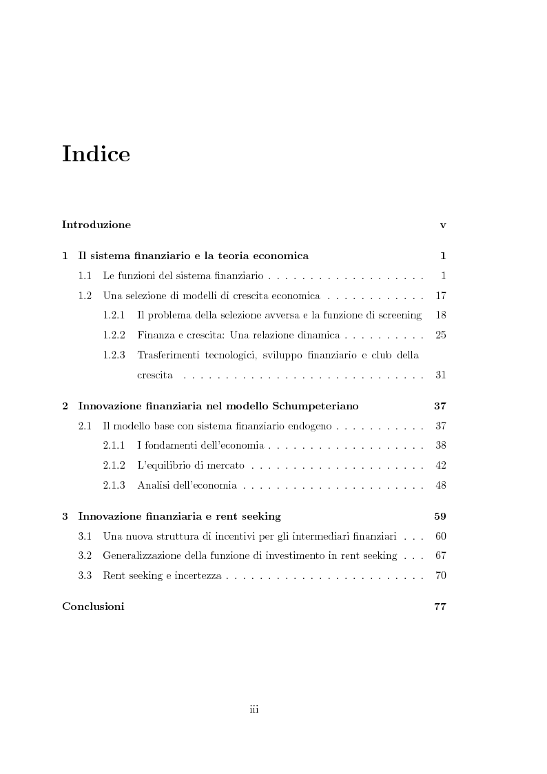 Indice della tesi: Innovazione finanziaria e crescita economica: un approccio teorico, Pagina 1