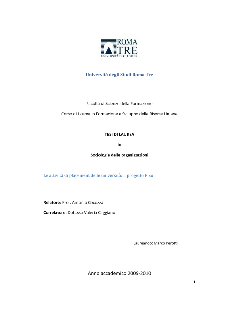 Anteprima della tesi: Le attività di placement delle università: il progetto Fixo, Pagina 1