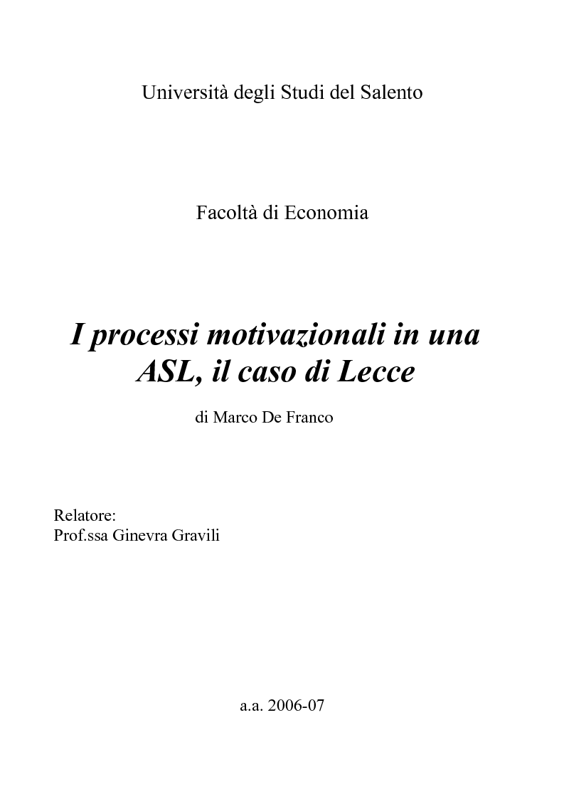 Anteprima della tesi: I processi motivazionali in una ASL: il caso di Lecce, Pagina 1