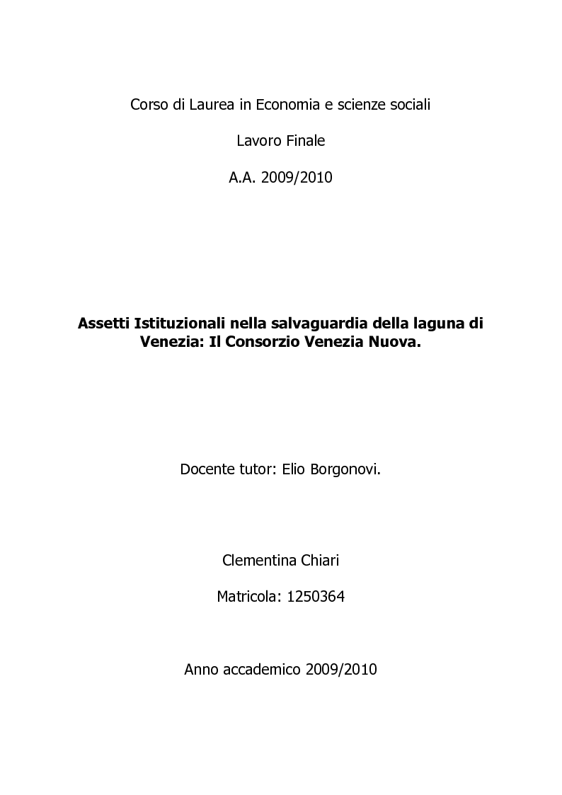 Anteprima della tesi: Assetti Istituzionali nella salvaguardia della laguna di Venezia: Il Consorzio Venezia Nuova, Pagina 1