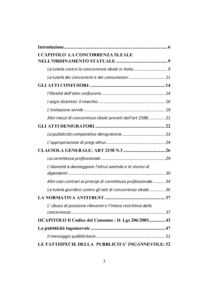 Indice della tesi: Concorrenza sleale e pubblicità, Pagina 1