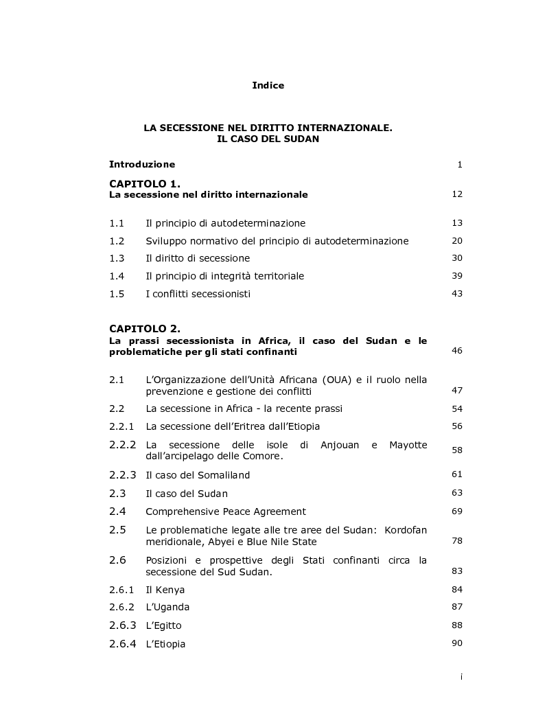 Indice della tesi: La secessione nel diritto internazionale. Il caso del Sudan, Pagina 1