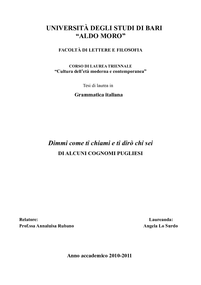 Anteprima della tesi: Dimmi come ti chiami e ti dirò chi sei - di alcuni cognomi pugliesi, Pagina 1