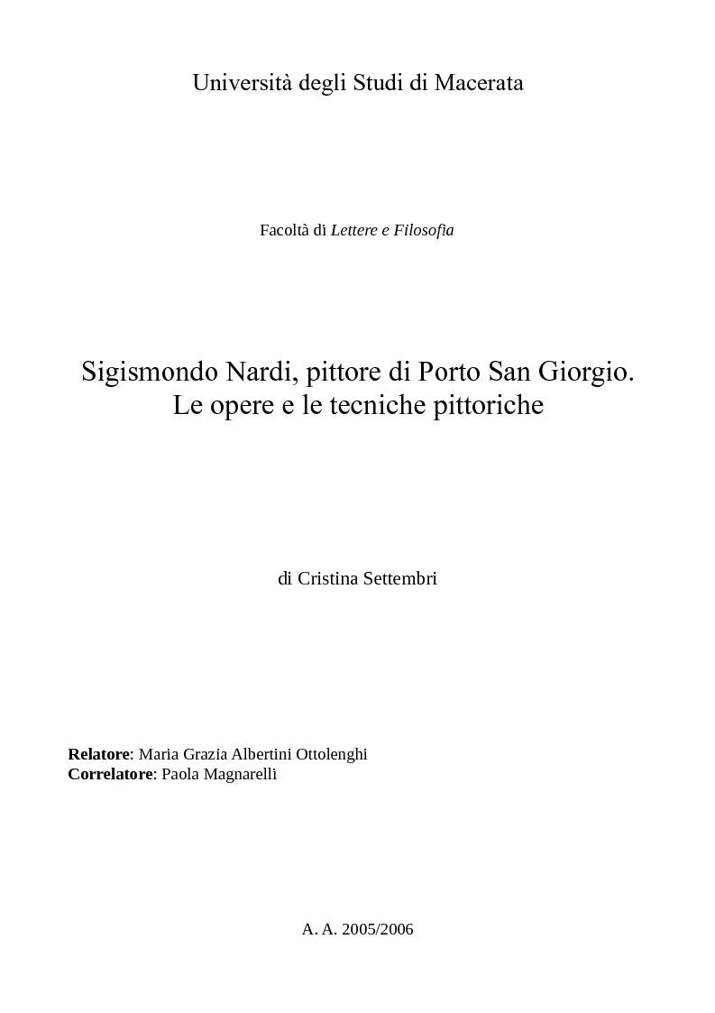 Anteprima della tesi: Sigismondo Nardi, pittore di Porto San Giorgio. Le opere e le tecniche pittoriche., Pagina 1