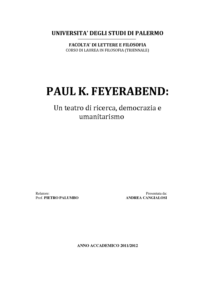 Anteprima della tesi: Paul K. Feyerabend: un teatro di ricerca, democrazia e umanitarismo, Pagina 1