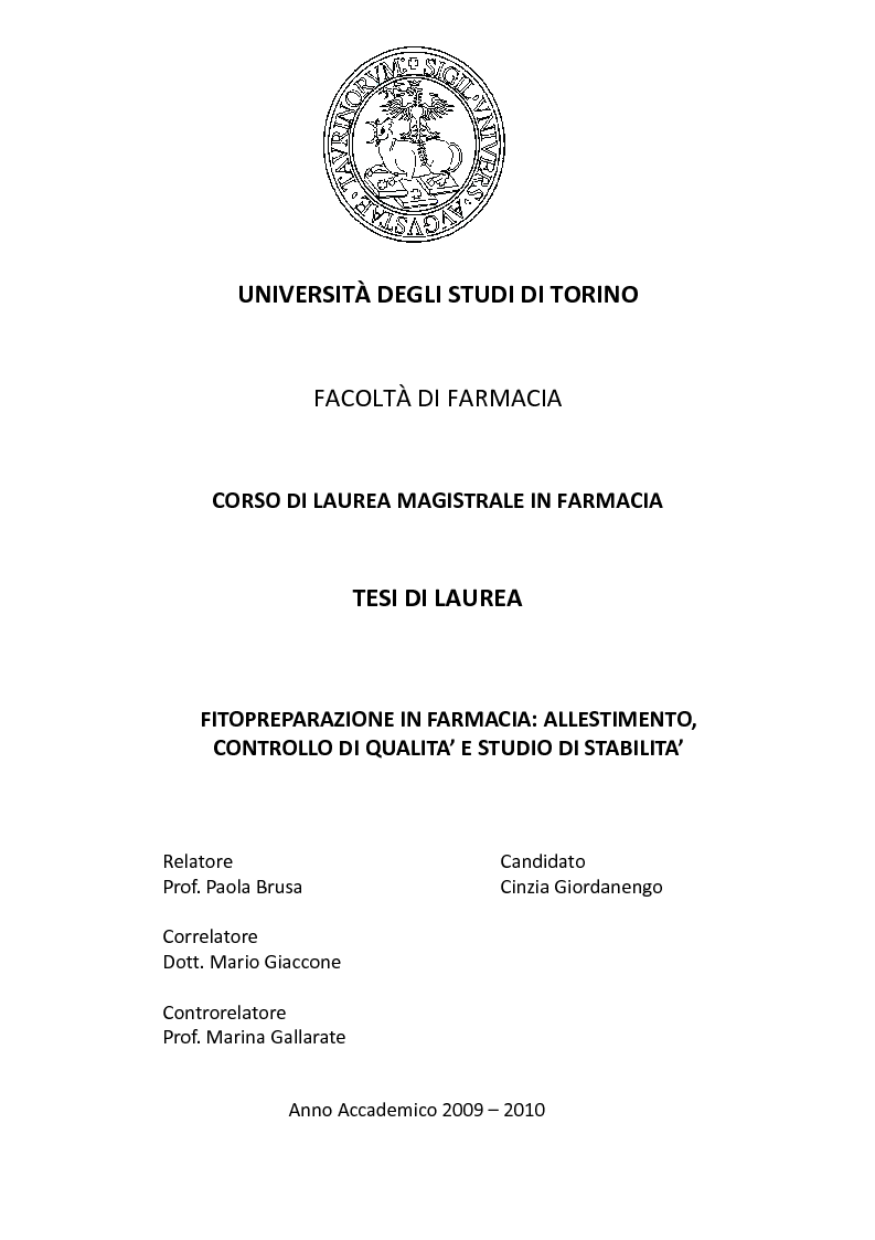 Anteprima della tesi: Fitopreparazione in farmacia: allestimento, controllo di qualità e studio di stabilità, Pagina 1