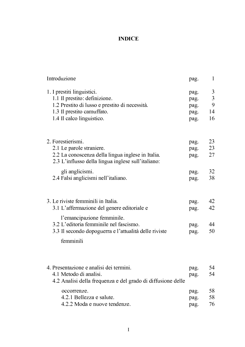 Indice della tesi: Prestiti di lusso e falsi anglicismi nei periodici femminili italiani, Pagina 1