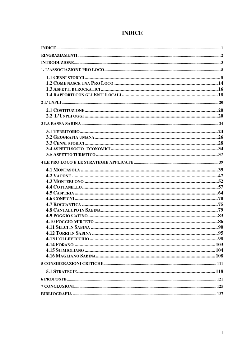 Indice della tesi: Pro Loco: la valorizzazione della Bassa Sabina., Pagina 1